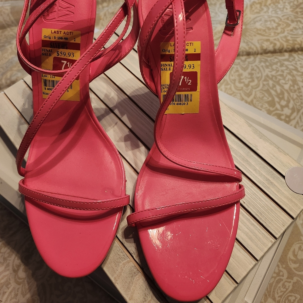 AAJ by Aminah Neon Pink Zayn Lucite Heel Asymmetrical Strap Dress Sandals
